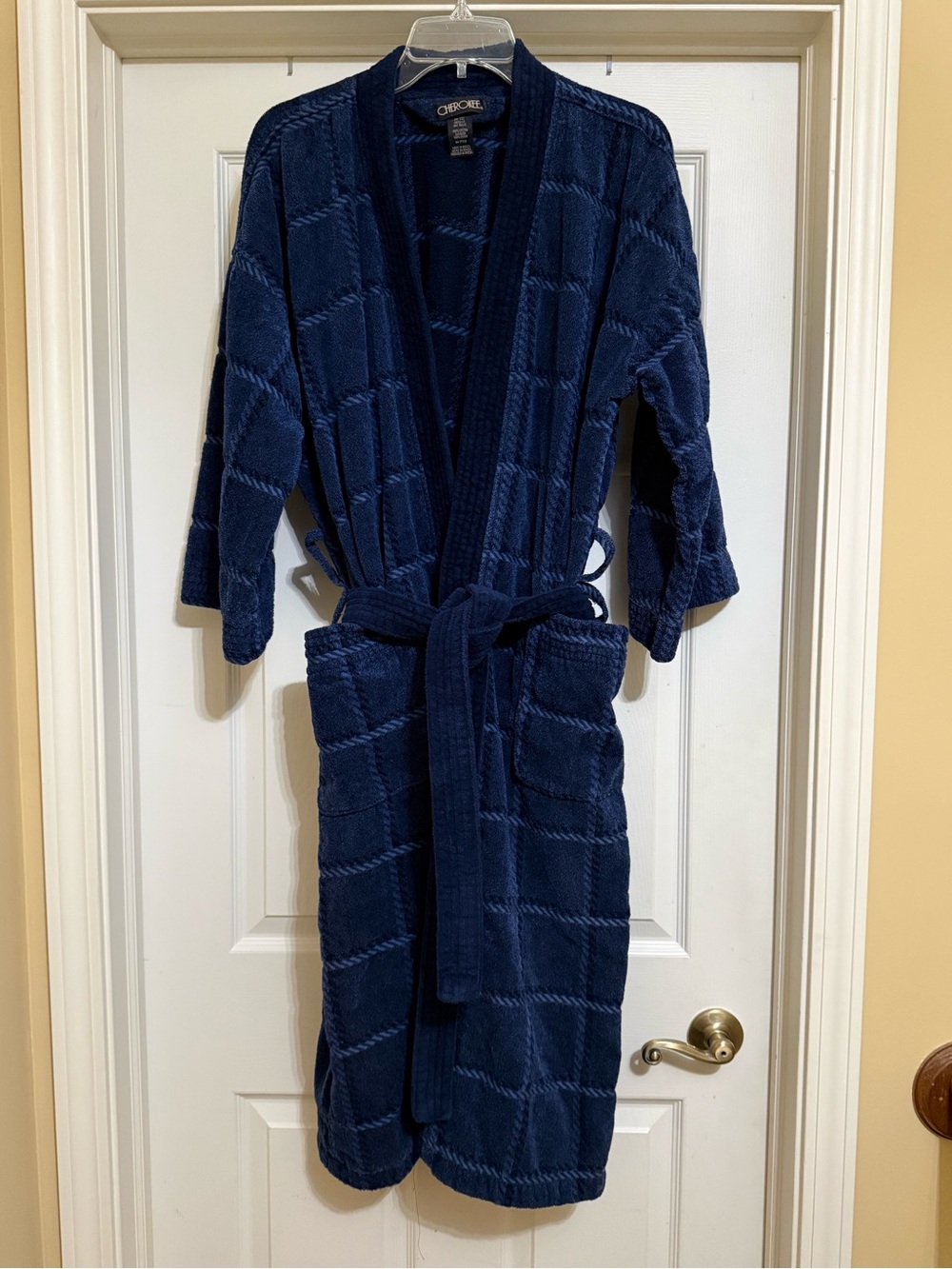 Men’s Cherokee Navy Blue Plush Bath Robe with Textured Check